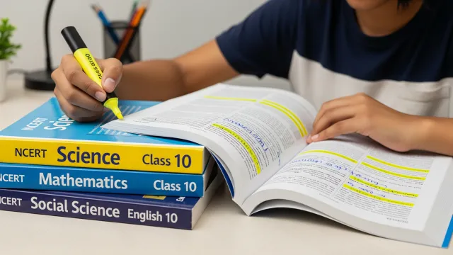 Class 10 student studying from NCERT textbooks for board exam preparation