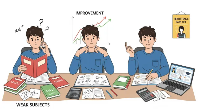 Student focusing on weak subjects to improve overall Class 10 board exam performance