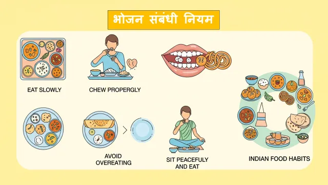 infographic showing healthy eating rules such as chewing well and avoiding overeating