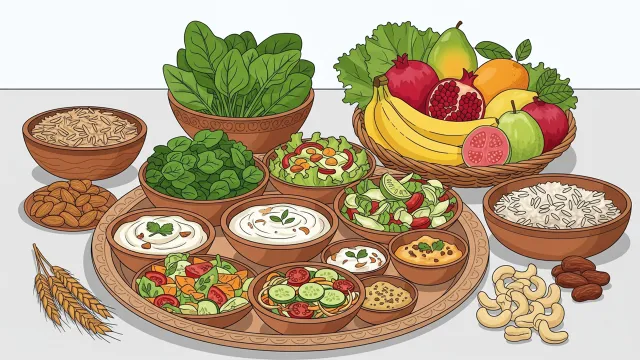 illustration of healthy Indian foods like fruits, vegetables and whole grains