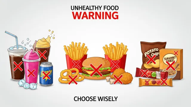 graphic showing unhealthy foods like fast food and sugary drinks to avoid