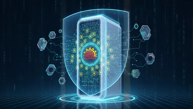 Secure data server with holographic shield showing Aadhaar digital security
